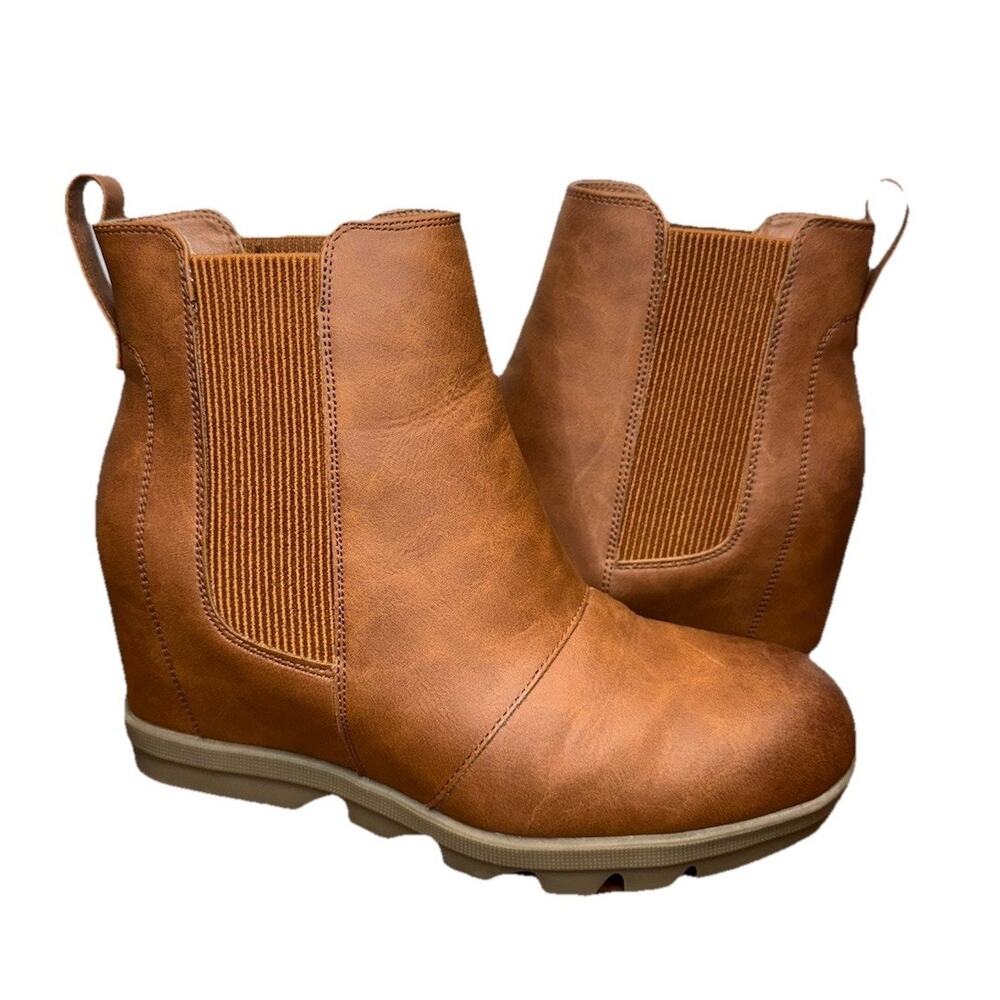 Athlefit Tan Sawtooth Boots Womens 7 M Brown Hidden Wedge Comfort Ankle Booties